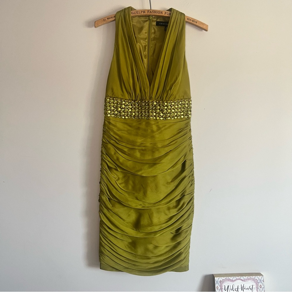 Silk Olive coloured cocktail dress with ruching by Carmen Marc Valvo